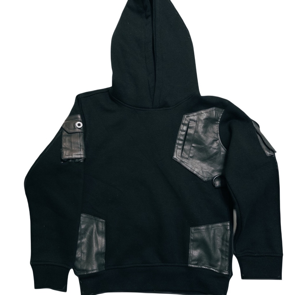 Kids Black Hoodie with Faux Leather Details